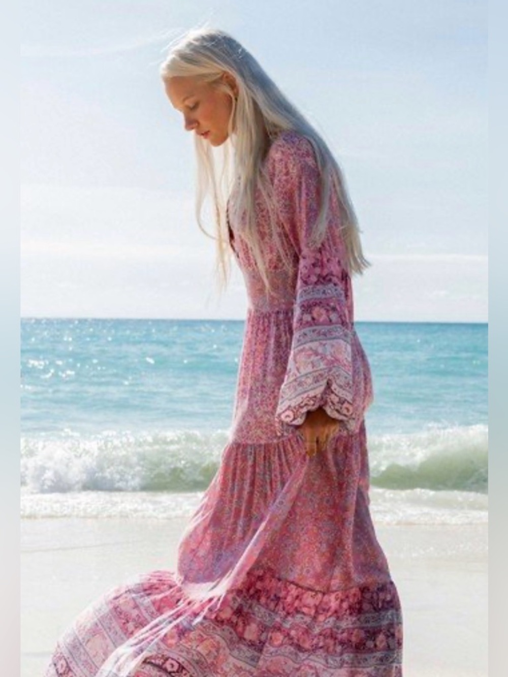 BILLABONG Cosmos Dress Size M BOHEMIAN LONG BALLOON SLEEVE DUSTY ROSE FLORAL - Picture 4 of 15
